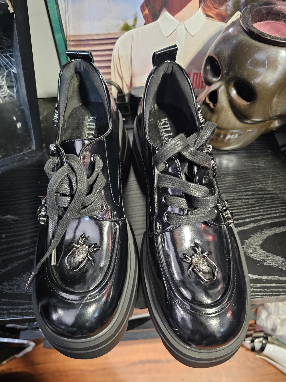 Killstar Black Patent Leather Creeper Loafers with Beetle Accent